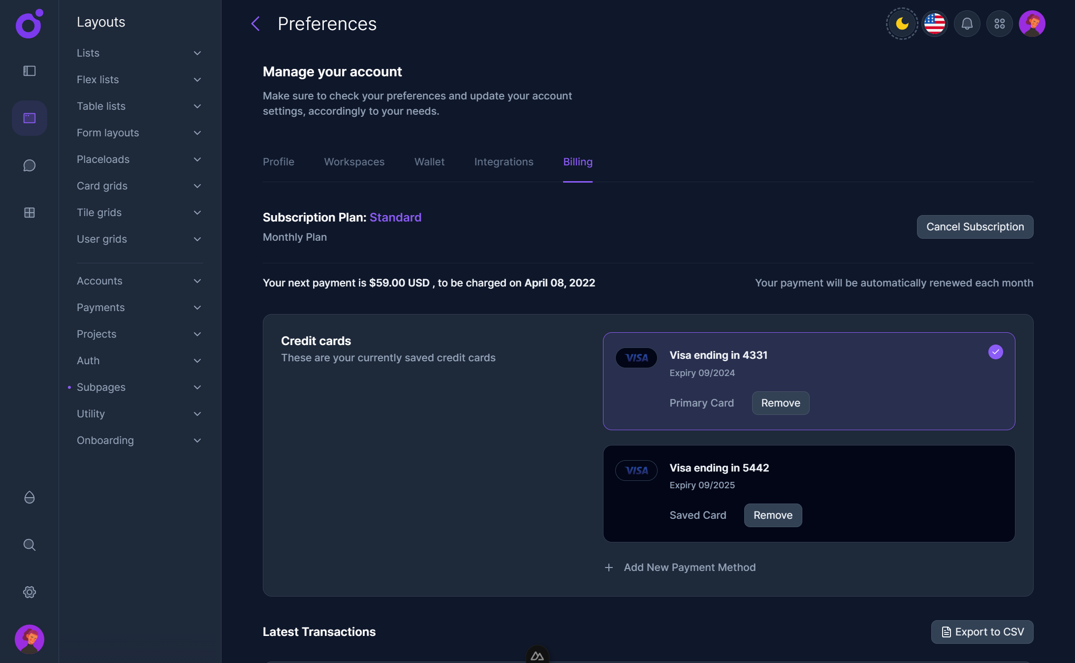 Tairo - Preferences - Billing